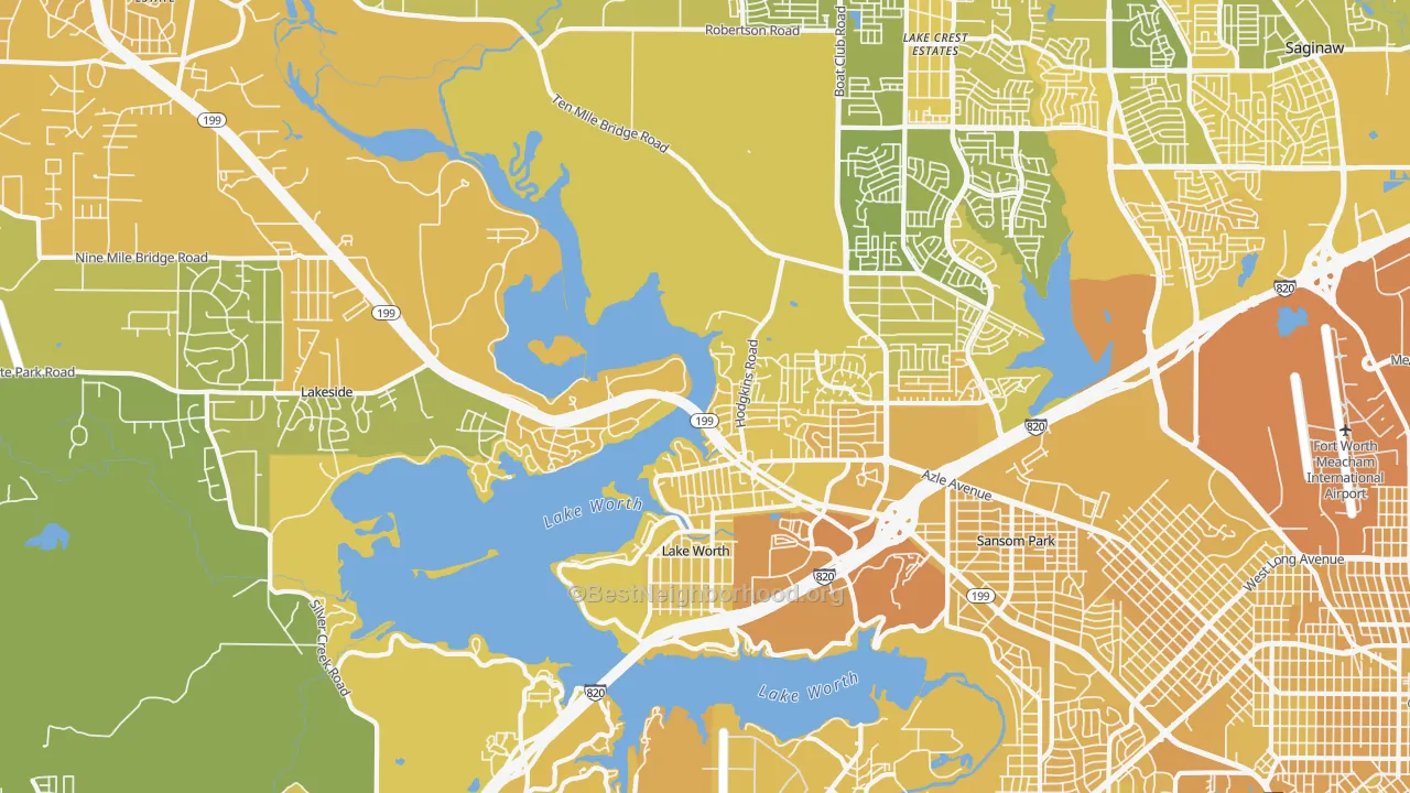 Map of the best neighborhoods in the 76135 area, with better matches in green and worse matches in red