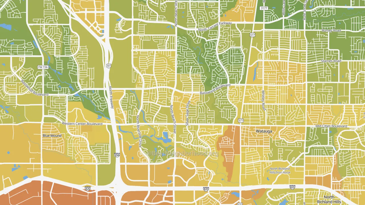 Map of the best neighborhoods in the 76137 area, with better matches in green and worse matches in red