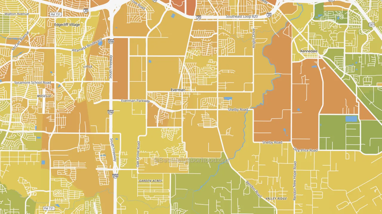 Map of the best neighborhoods in the 76140 area, with better matches in green and worse matches in red