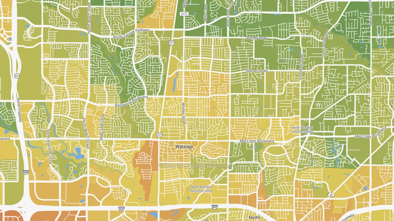 Map of the best neighborhoods in the 76148 area, with better matches in green and worse matches in red