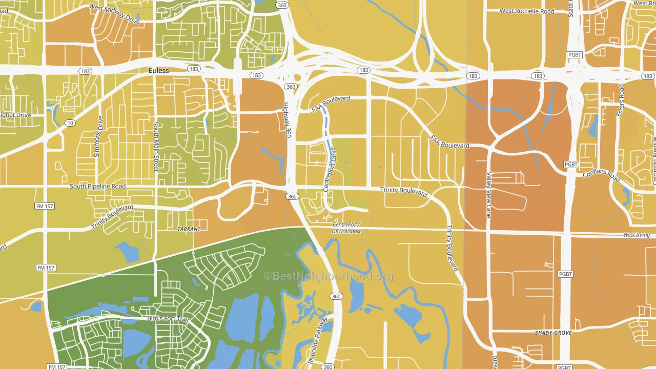 Map of the best neighborhoods in the 76155 area, with better matches in green and worse matches in red