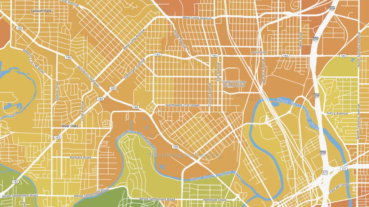 Map of the best neighborhoods in the 76164 area, with better matches in green and worse matches in red