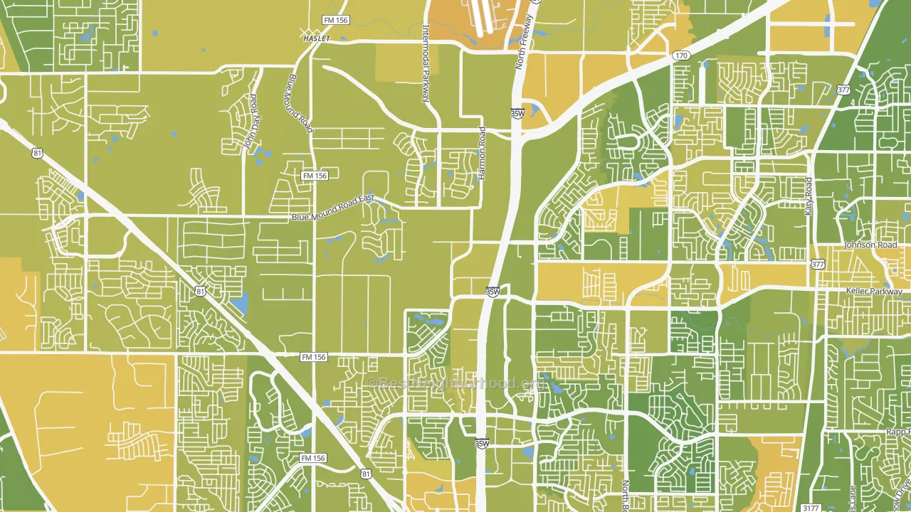 Map of the best neighborhoods in the 76177 area, with better matches in green and worse matches in red