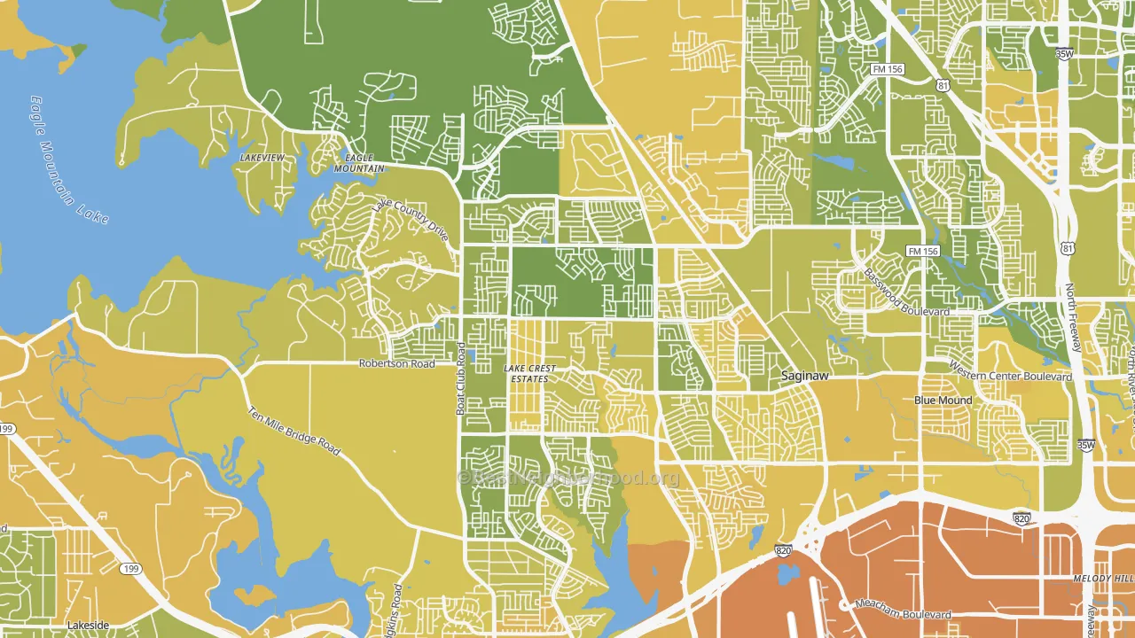 Map of the best neighborhoods in the 76179 area, with better matches in green and worse matches in red