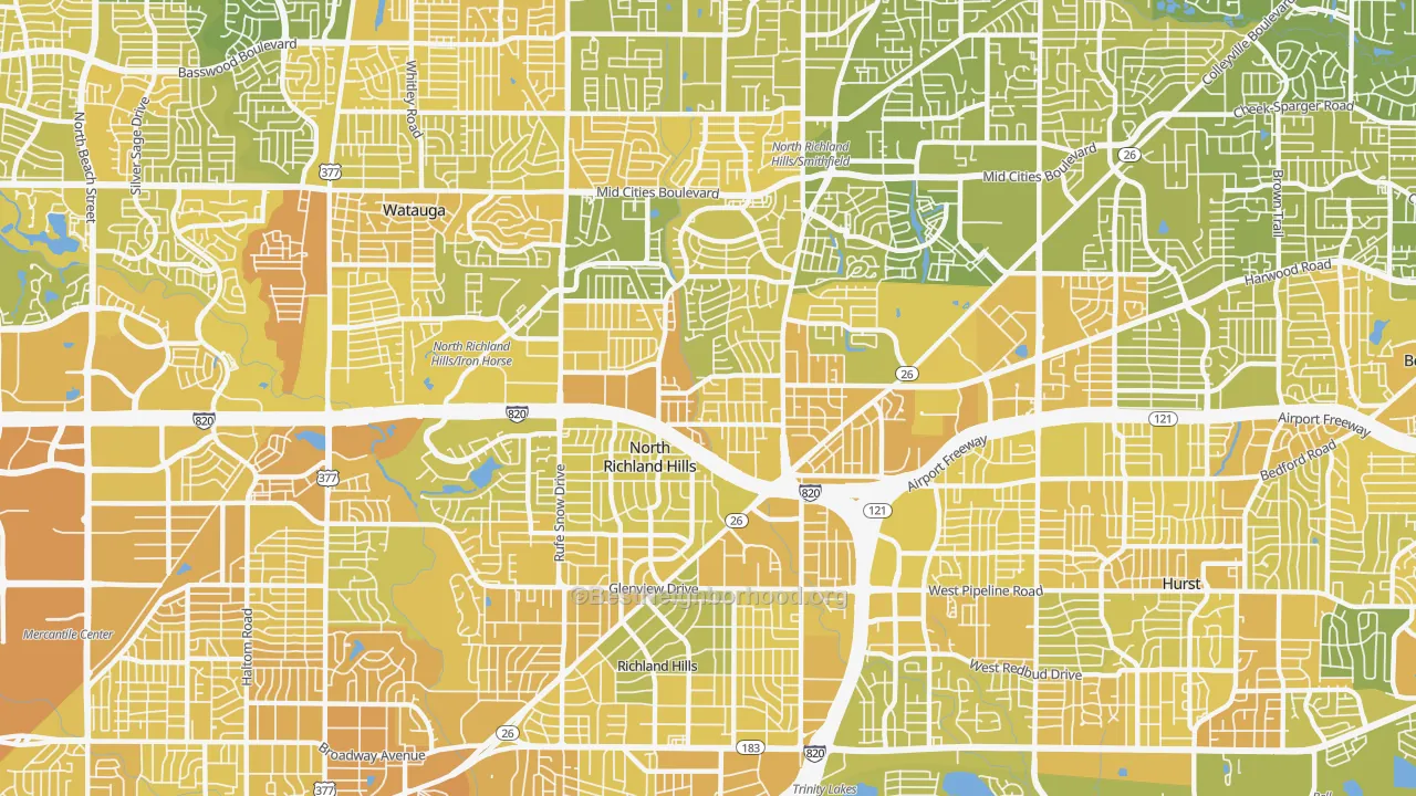 Map of the best neighborhoods in the 76180 area, with better matches in green and worse matches in red