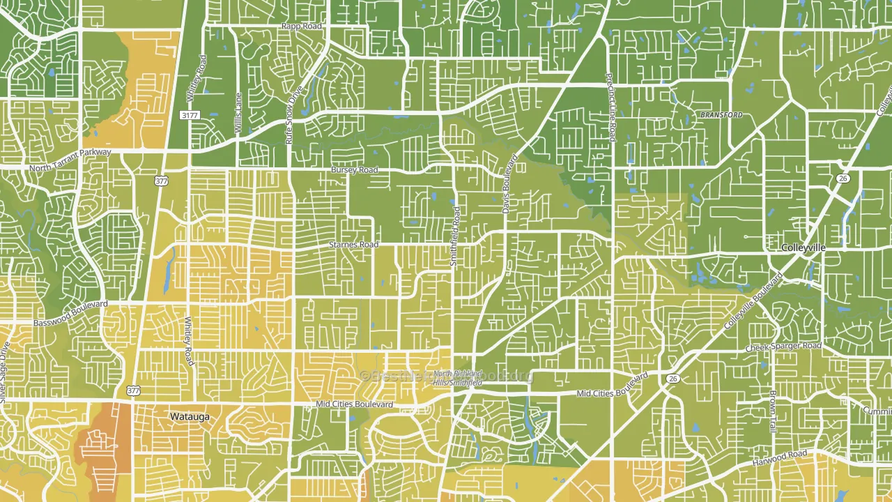 Map of the best neighborhoods in the 76182 area, with better matches in green and worse matches in red