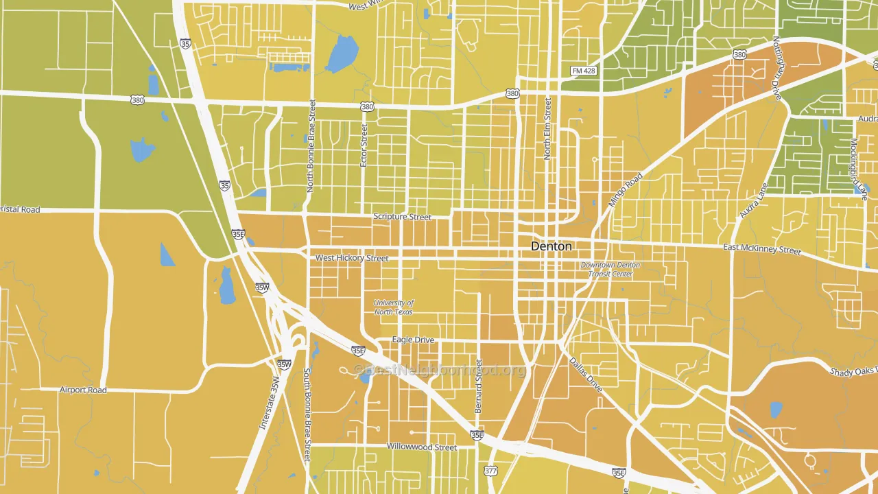 Map of the best neighborhoods in the 76201 area, with better matches in green and worse matches in red