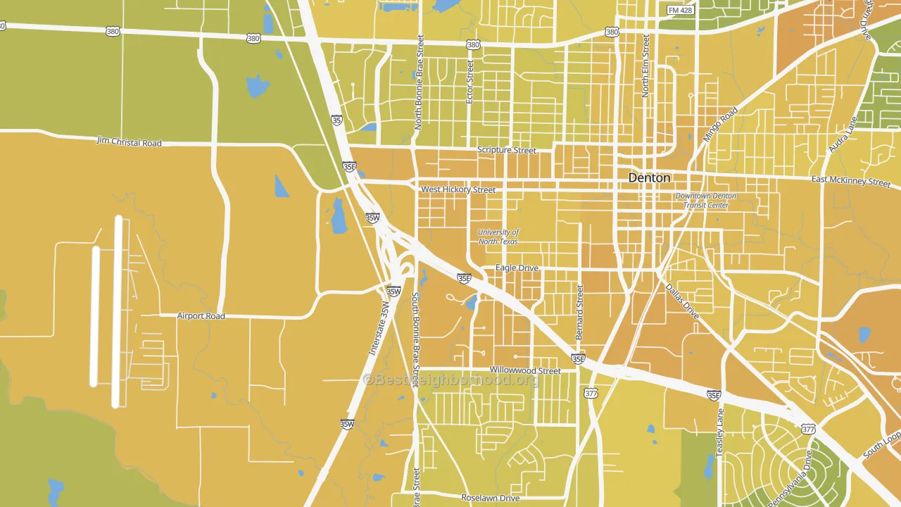 Map of the best neighborhoods in the 76203 area, with better matches in green and worse matches in red