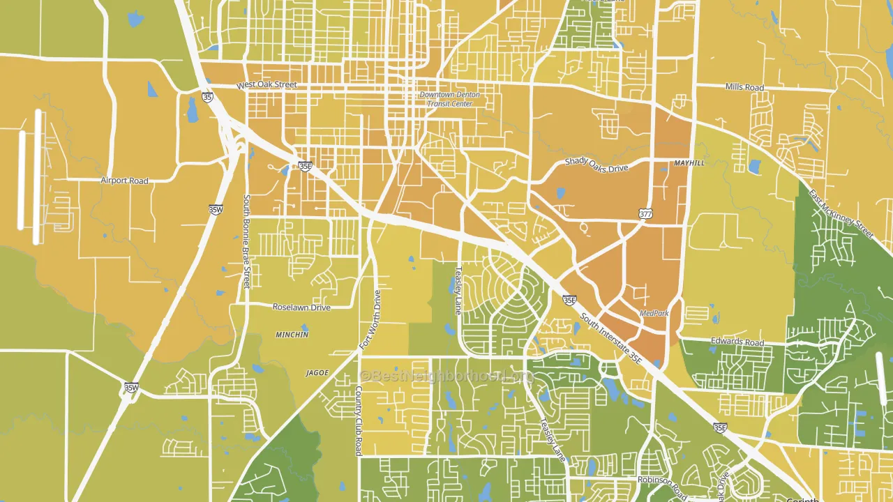 Map of the best neighborhoods in the 76205 area, with better matches in green and worse matches in red