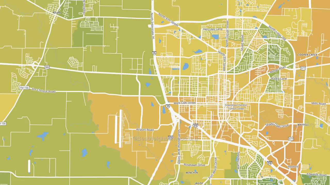 Map of the best neighborhoods in the 76207 area, with better matches in green and worse matches in red