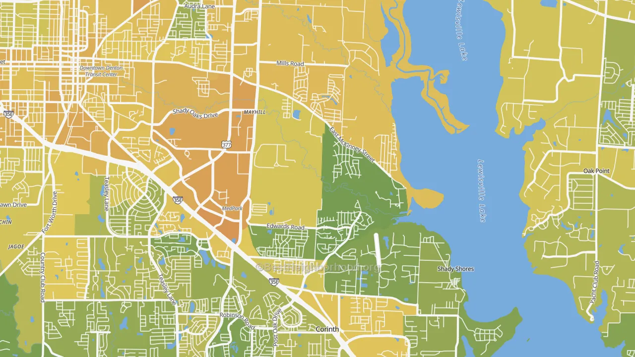 Map of the best neighborhoods in the 76208 area, with better matches in green and worse matches in red