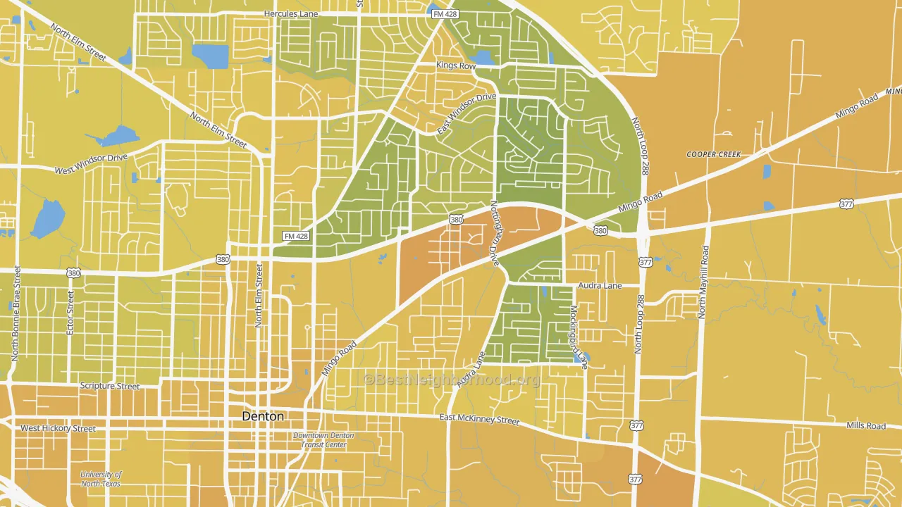 Map of the best neighborhoods in the 76209 area, with better matches in green and worse matches in red