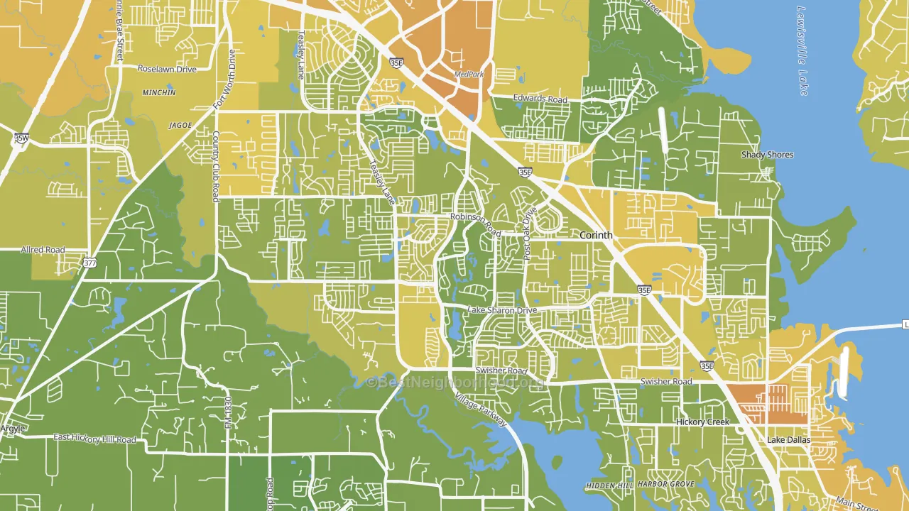 Map of the best neighborhoods in the 76210 area, with better matches in green and worse matches in red