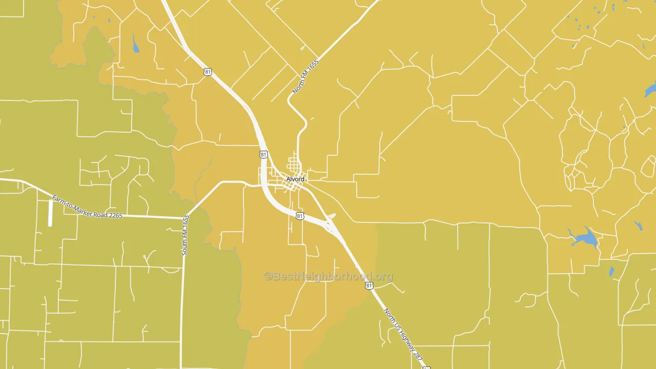 Map of the best neighborhoods in the 76225 area, with better matches in green and worse matches in red