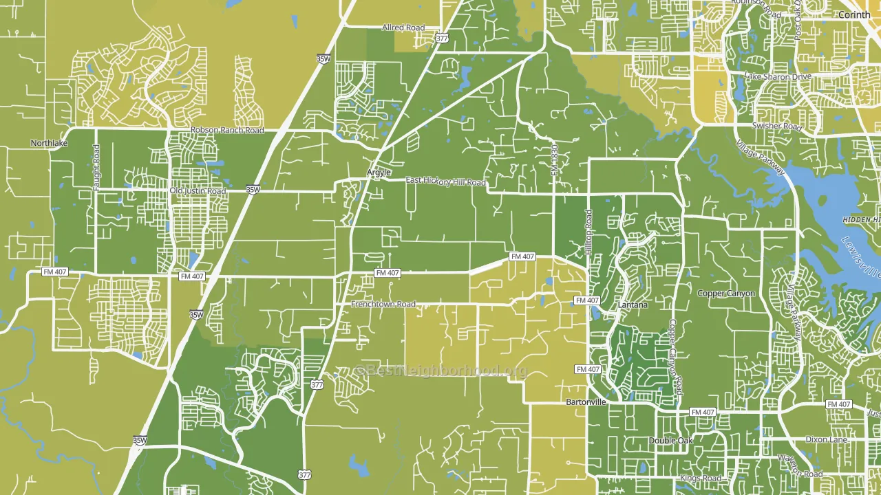 Map of the best neighborhoods in the 76226 area, with better matches in green and worse matches in red