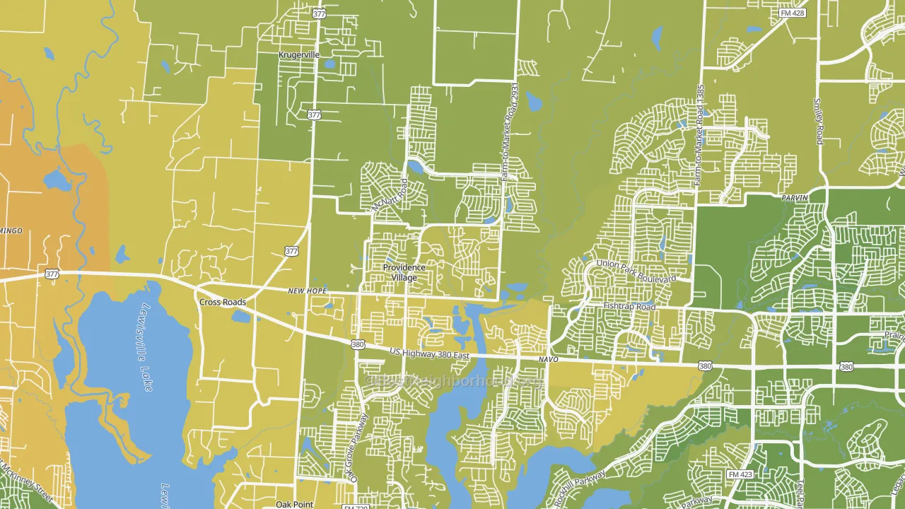 Map of the best neighborhoods in the 76227 area, with better matches in green and worse matches in red