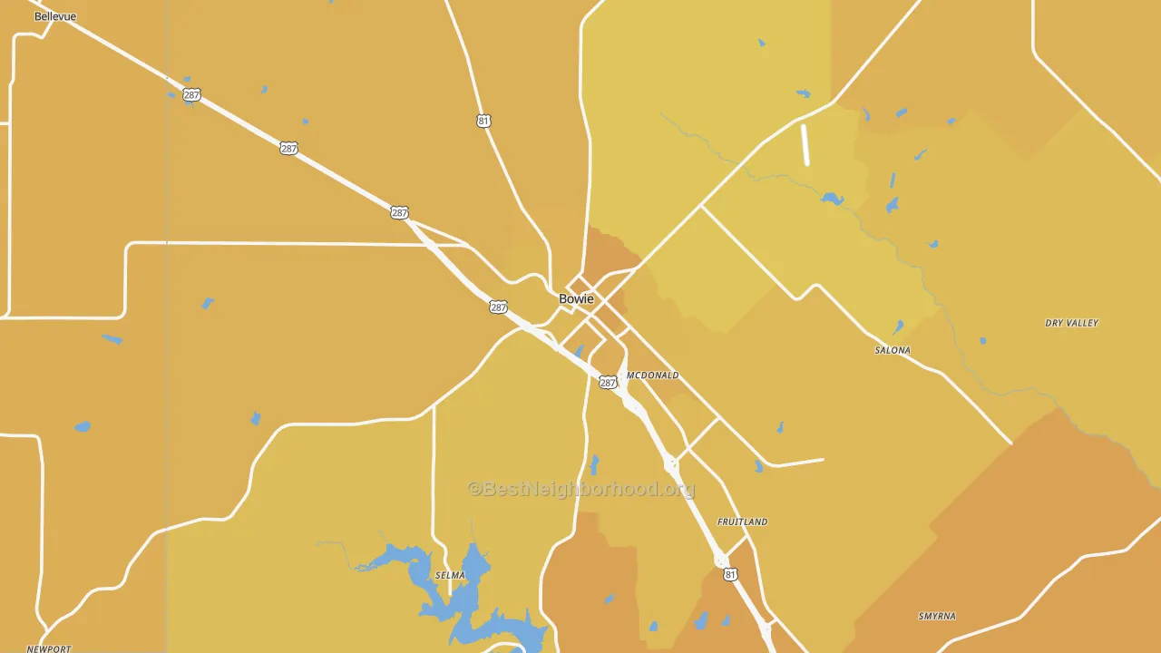 Map of the best neighborhoods in the 76230 area, with better matches in green and worse matches in red