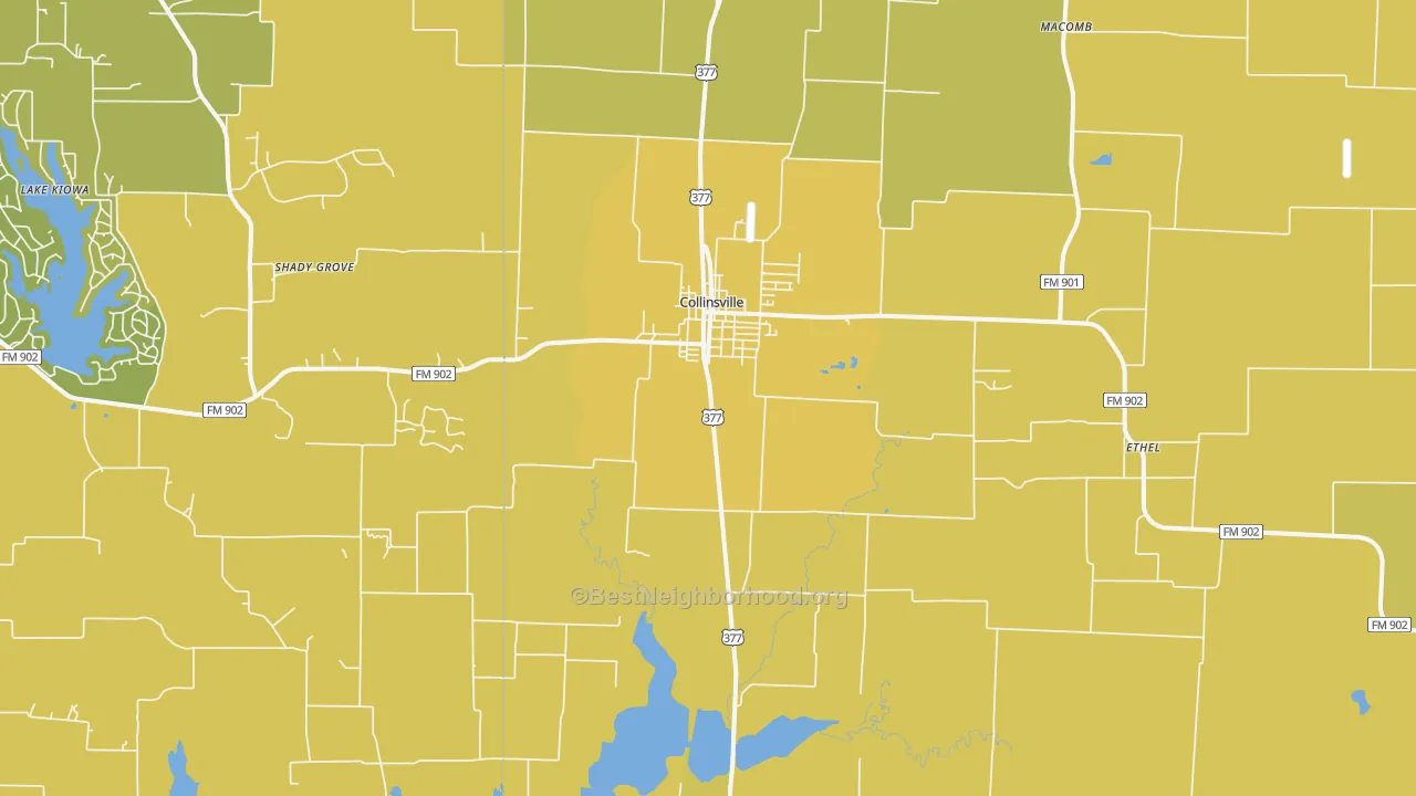Map of the best neighborhoods in the 76233 area, with better matches in green and worse matches in red