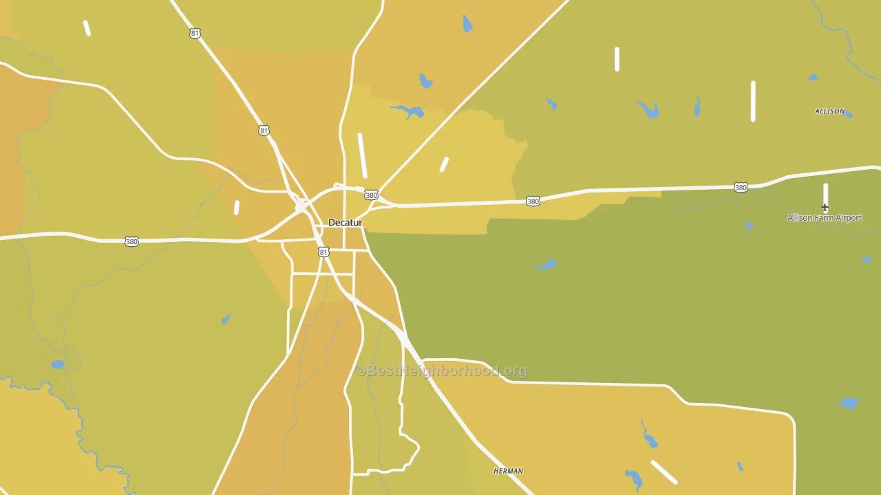 Map of the best neighborhoods in the 76234 area, with better matches in green and worse matches in red