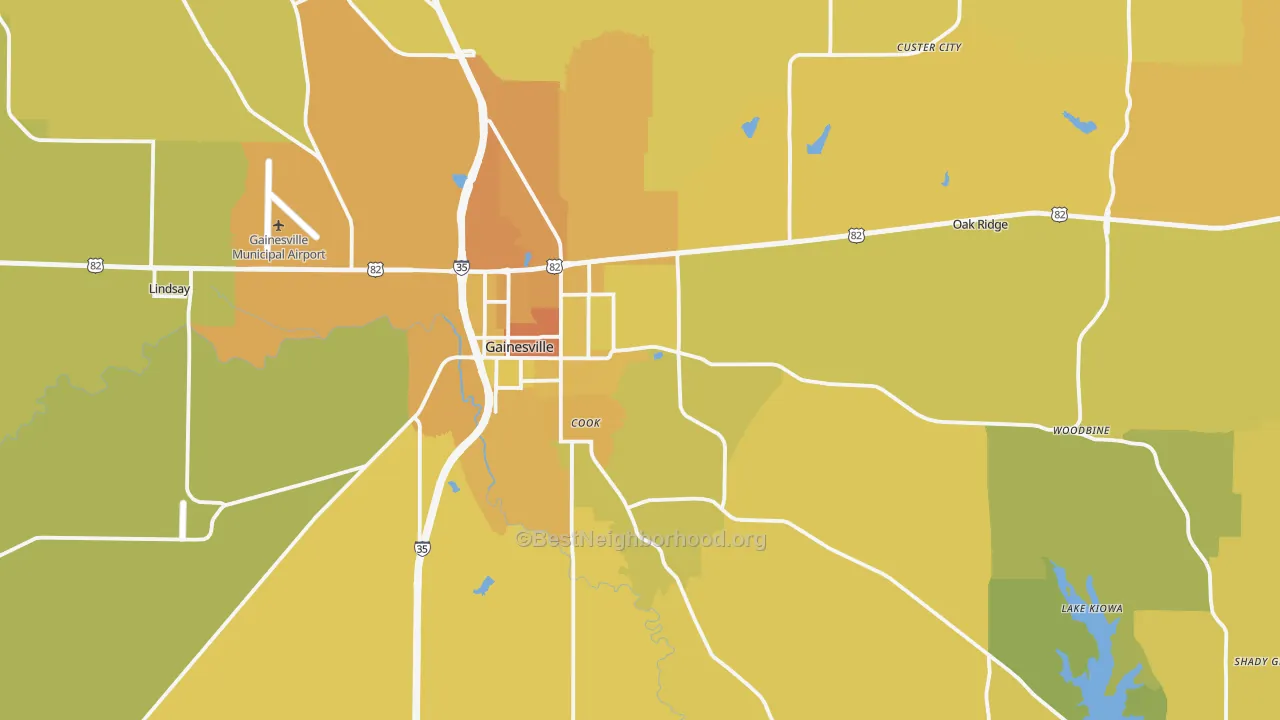 Map of the best neighborhoods in the 76240 area, with better matches in green and worse matches in red