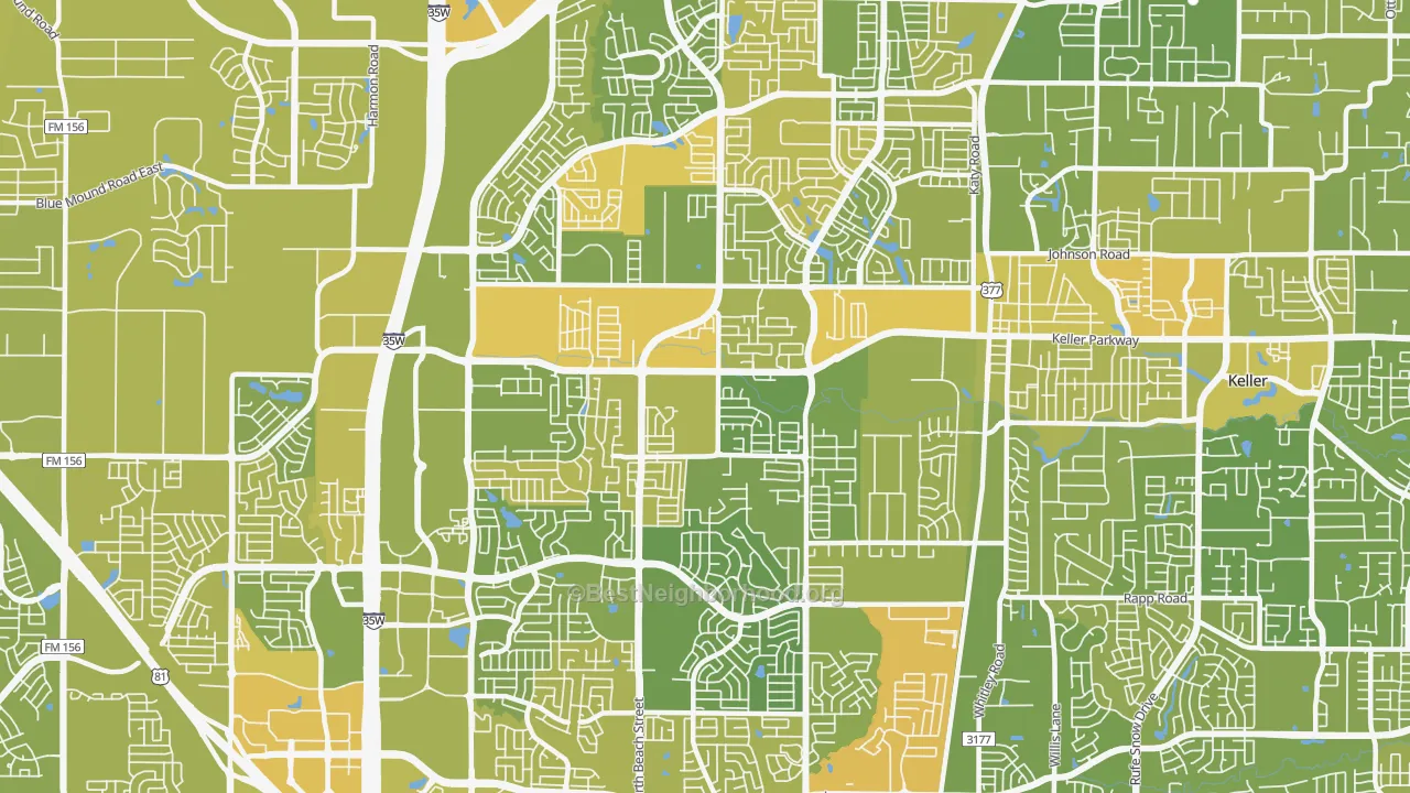 Map of the best neighborhoods in the 76244 area, with better matches in green and worse matches in red