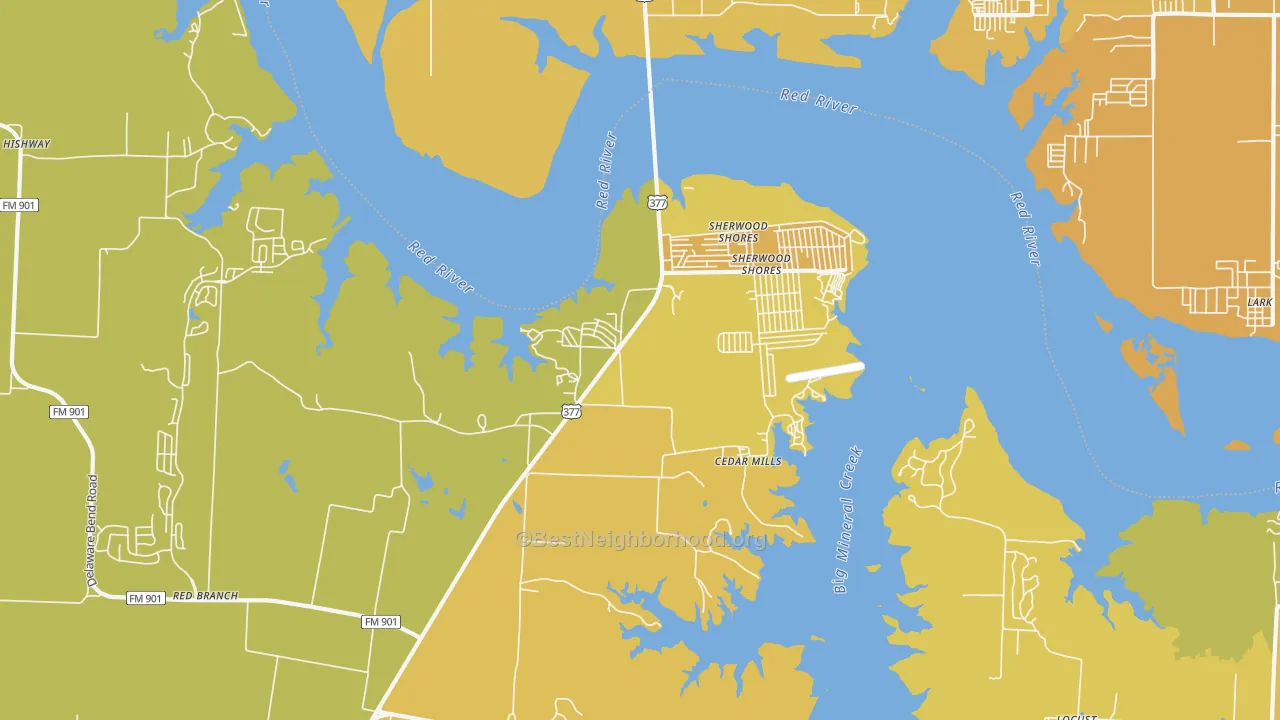 Map of the best neighborhoods in the 76245 area, with better matches in green and worse matches in red