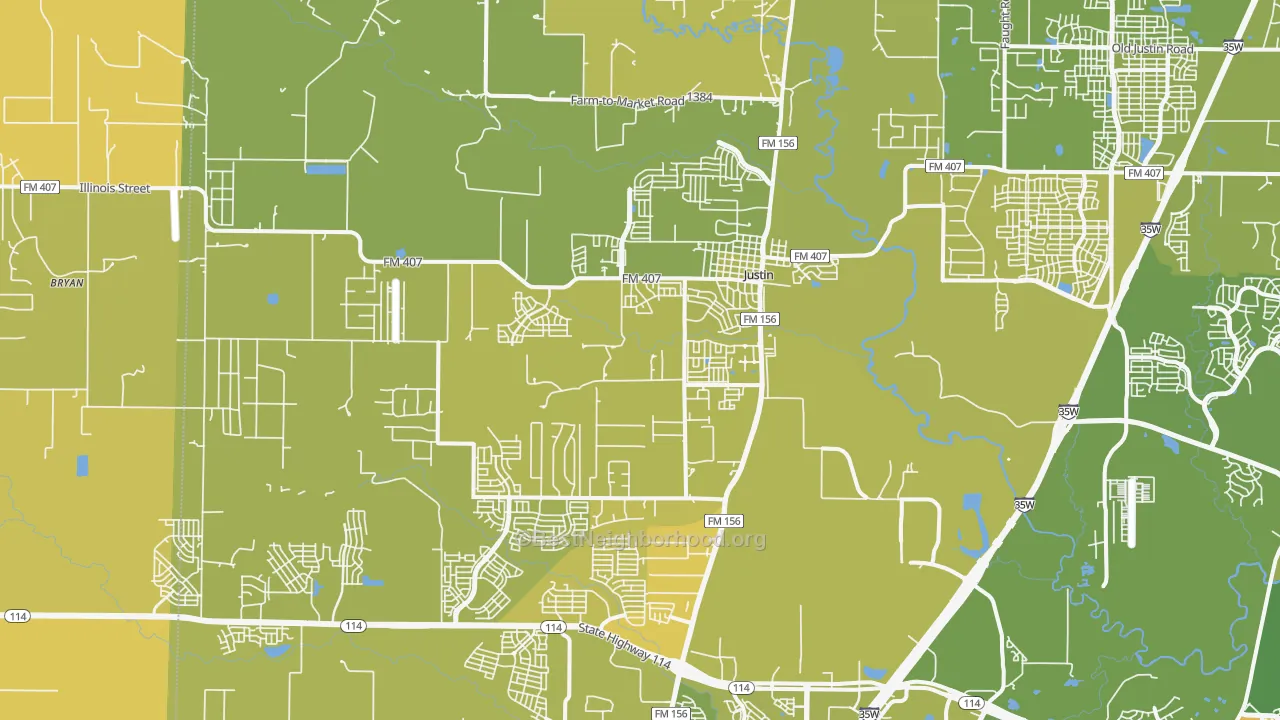 Map of the best neighborhoods in the 76247 area, with better matches in green and worse matches in red