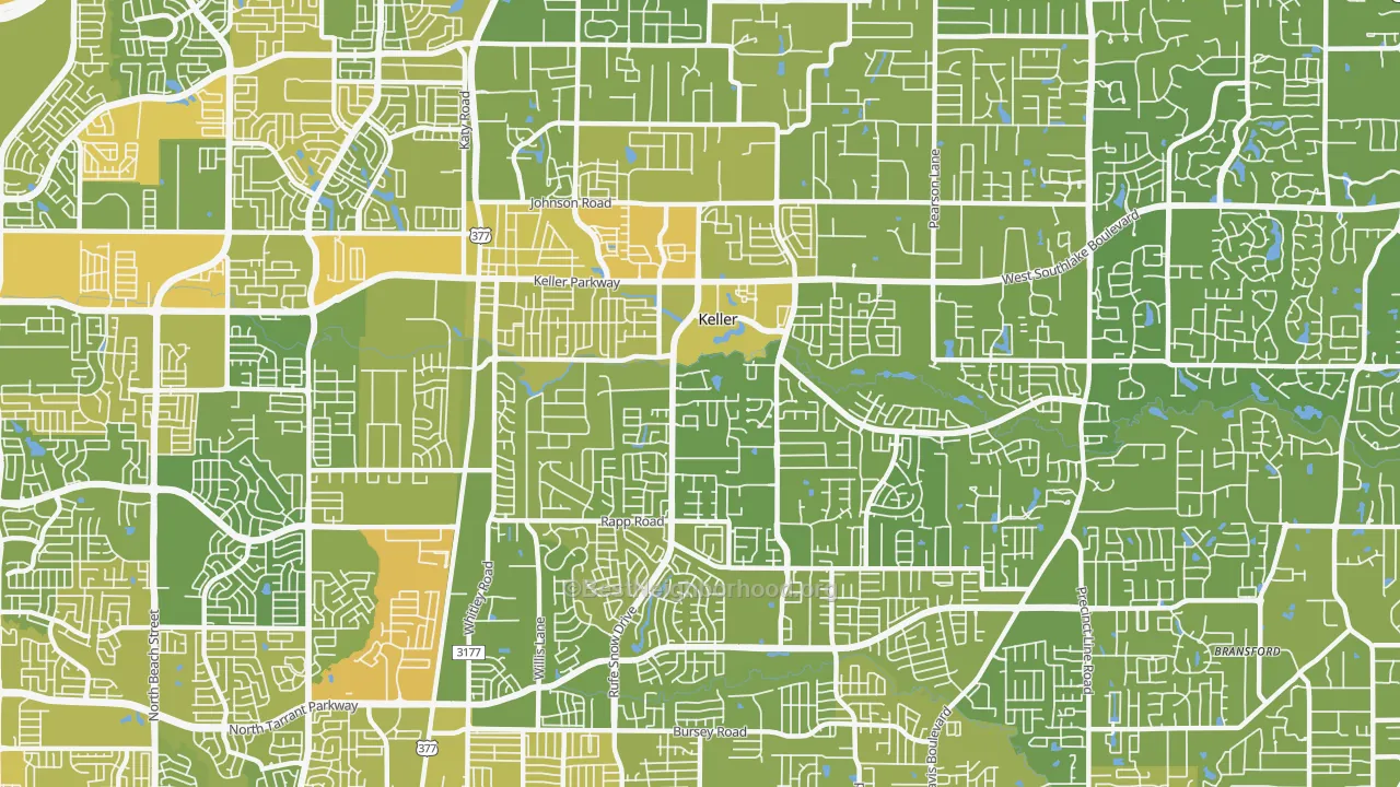 Map of the best neighborhoods in the 76248 area, with better matches in green and worse matches in red