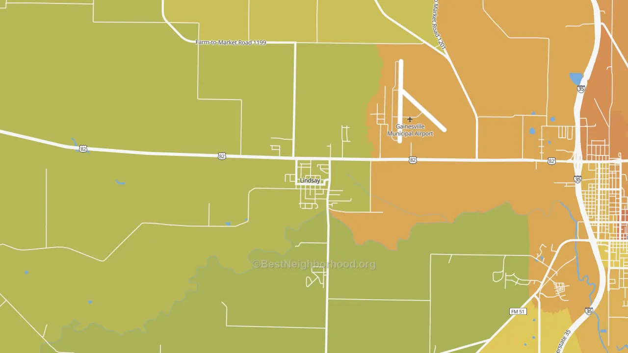 Map of the best neighborhoods in the 76250 area, with better matches in green and worse matches in red