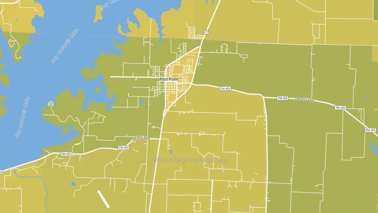 Map of the best neighborhoods in the 76258 area, with better matches in green and worse matches in red