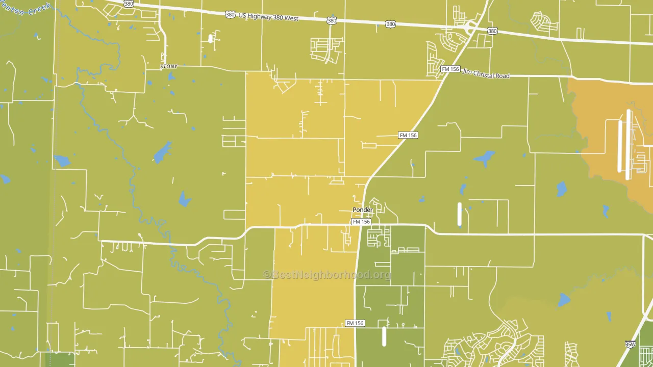 Map of the best neighborhoods in the 76259 area, with better matches in green and worse matches in red