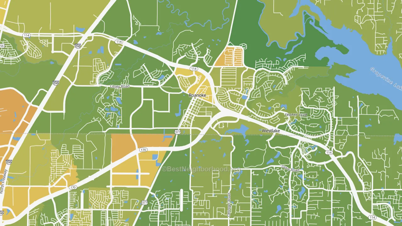 Map of the best neighborhoods in the 76262 area, with better matches in green and worse matches in red
