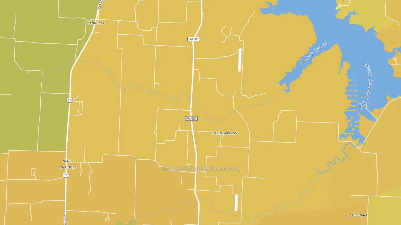 Map of the best neighborhoods in the 76264 area, with better matches in green and worse matches in red