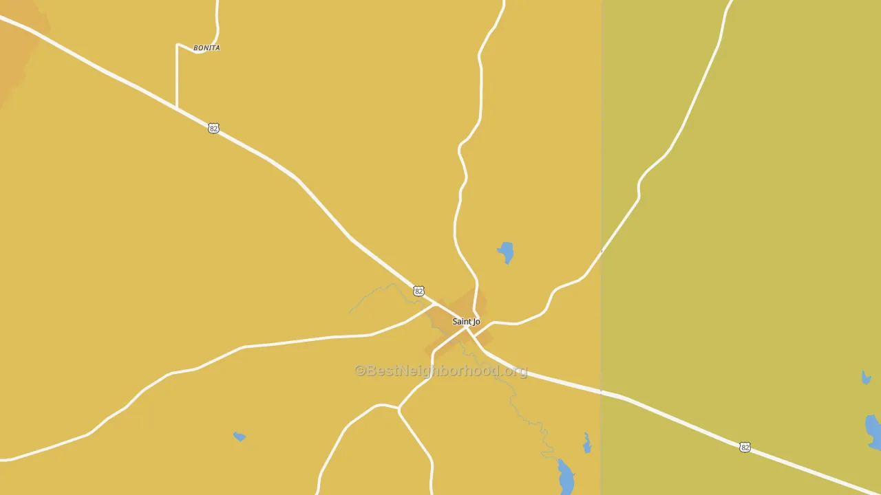 Map of the best neighborhoods in the 76265 area, with better matches in green and worse matches in red