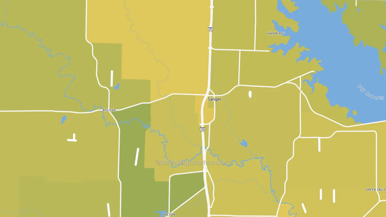Map of the best neighborhoods in the 76266 area, with better matches in green and worse matches in red