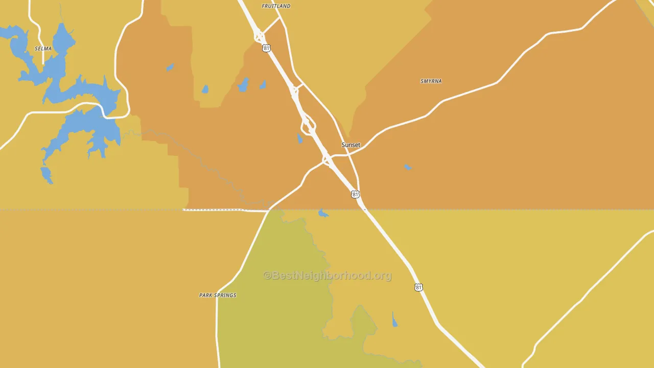Map of the best neighborhoods in the 76270 area, with better matches in green and worse matches in red