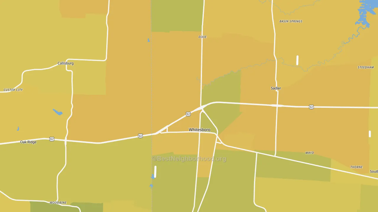 Map of the best neighborhoods in the 76273 area, with better matches in green and worse matches in red