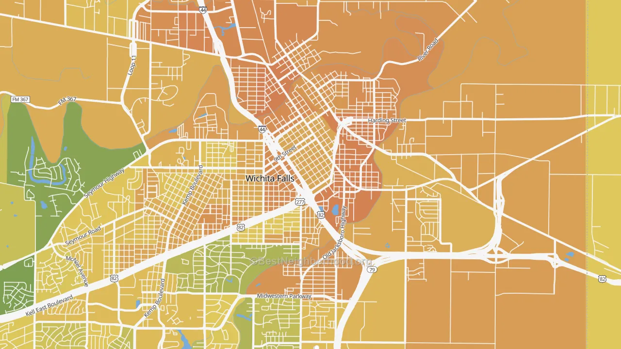Map of the best neighborhoods in the 76301 area, with better matches in green and worse matches in red