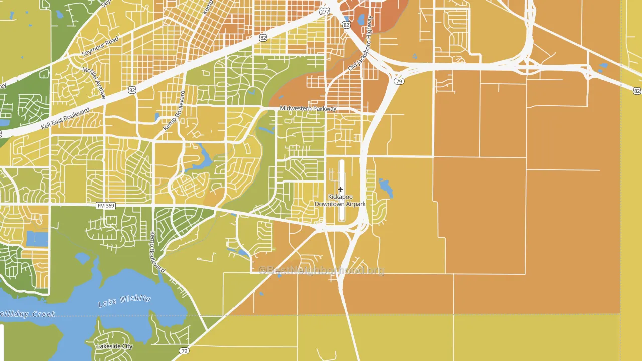 Map of the best neighborhoods in the 76302 area, with better matches in green and worse matches in red