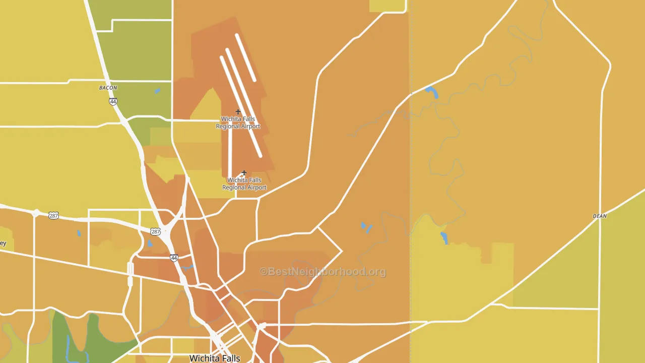 Map of the best neighborhoods in the 76305 area, with better matches in green and worse matches in red