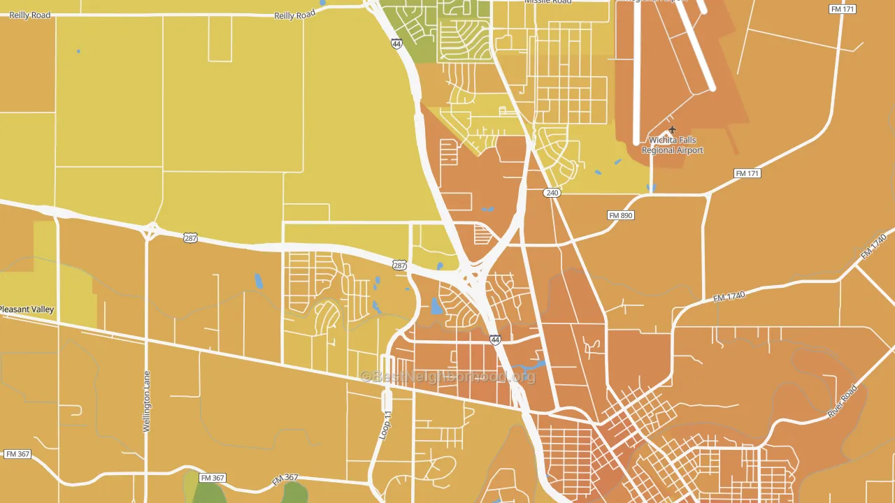 Map of the best neighborhoods in the 76306 area, with better matches in green and worse matches in red