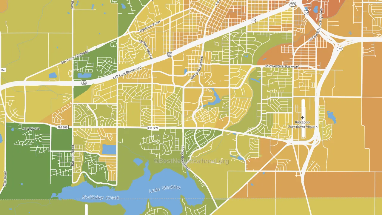 Map of the best neighborhoods in the 76308 area, with better matches in green and worse matches in red