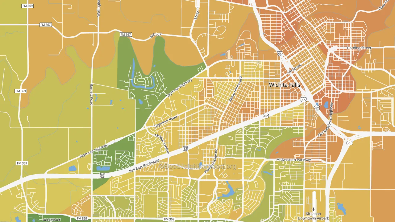 Map of the best neighborhoods in the 76309 area, with better matches in green and worse matches in red