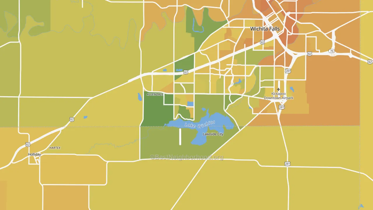 Map of the best neighborhoods in the 76310 area, with better matches in green and worse matches in red
