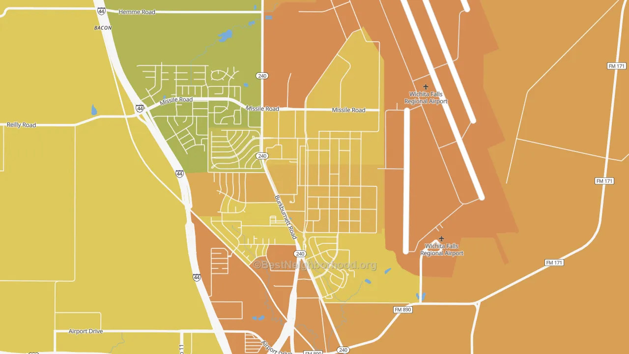 Map of the best neighborhoods in the 76311 area, with better matches in green and worse matches in red