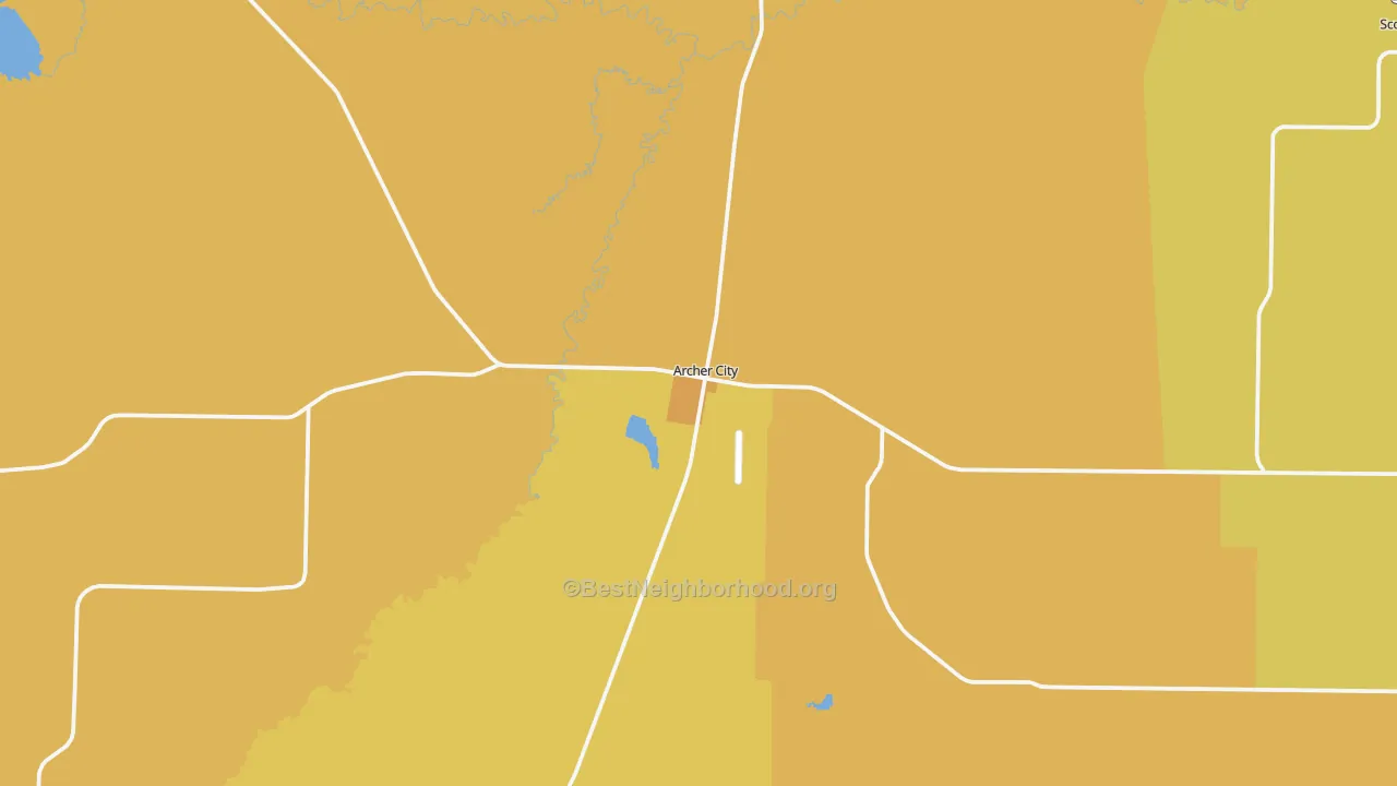 Map of the best neighborhoods in the 76351 area, with better matches in green and worse matches in red