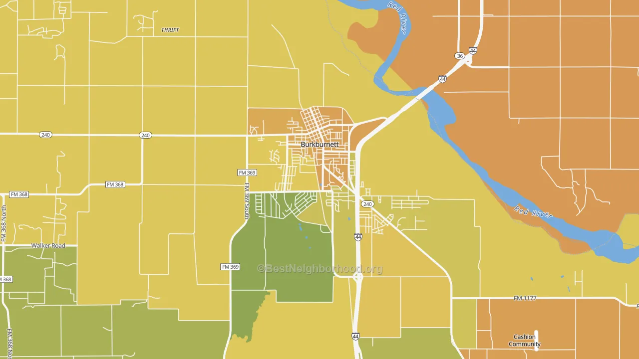 Map of the best neighborhoods in the 76354 area, with better matches in green and worse matches in red