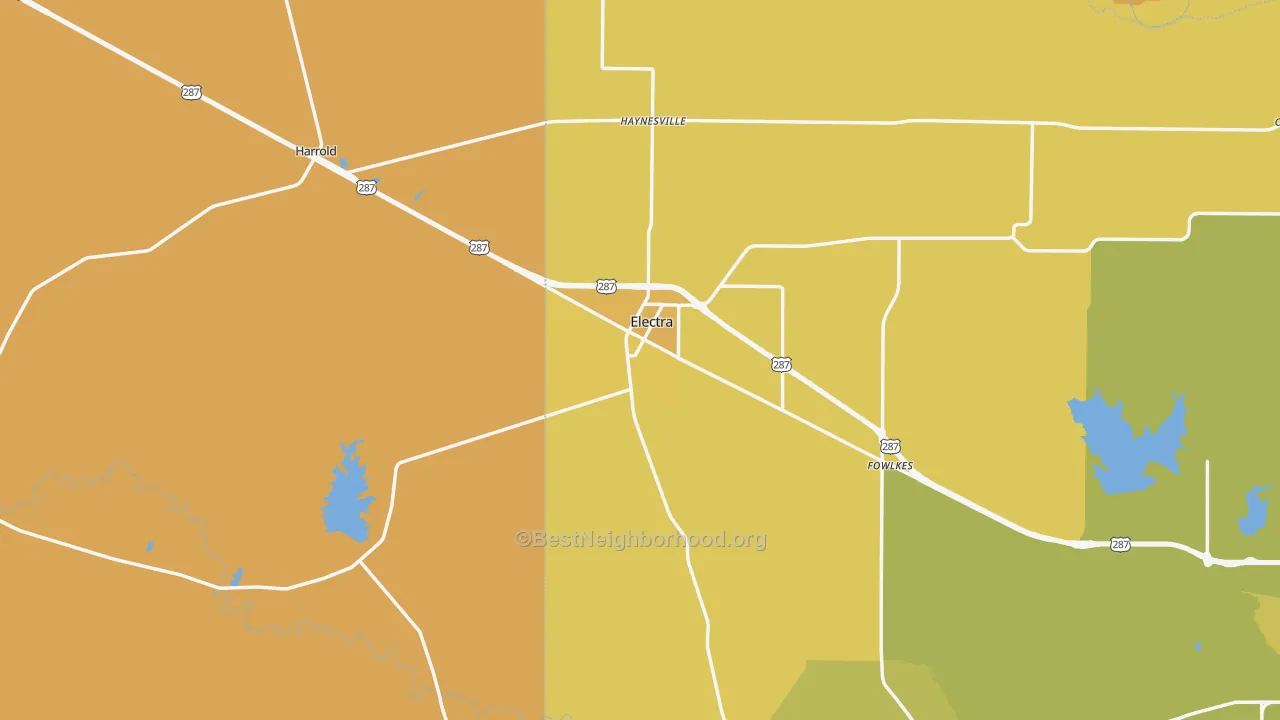 Map of the best neighborhoods in the 76360 area, with better matches in green and worse matches in red