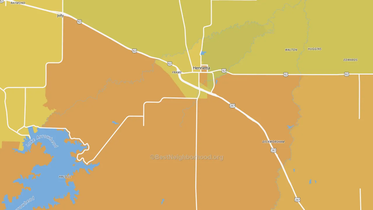 Map of the best neighborhoods in the 76365 area, with better matches in green and worse matches in red