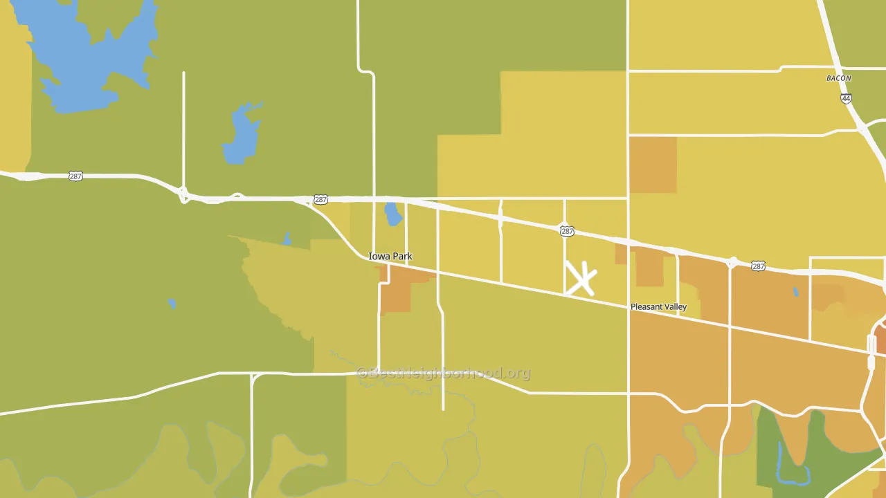 Map of the best neighborhoods in the 76367 area, with better matches in green and worse matches in red